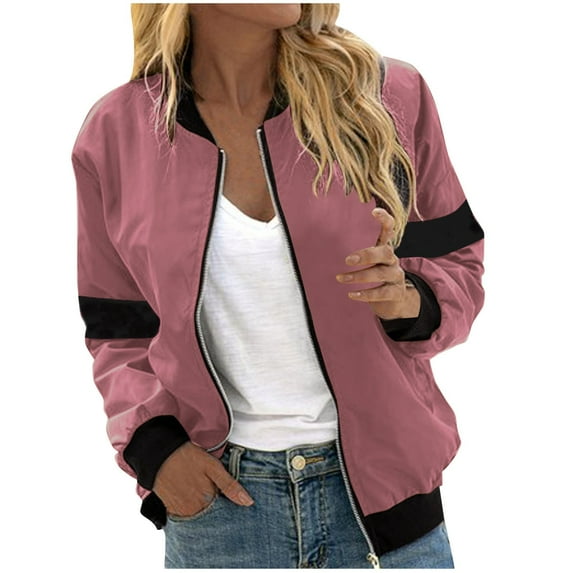 Womens Full Zip Bomber Jacket, Zip Up Jacket for Women Casual Solid Color Long Sleeve Fall Coats with Pockets