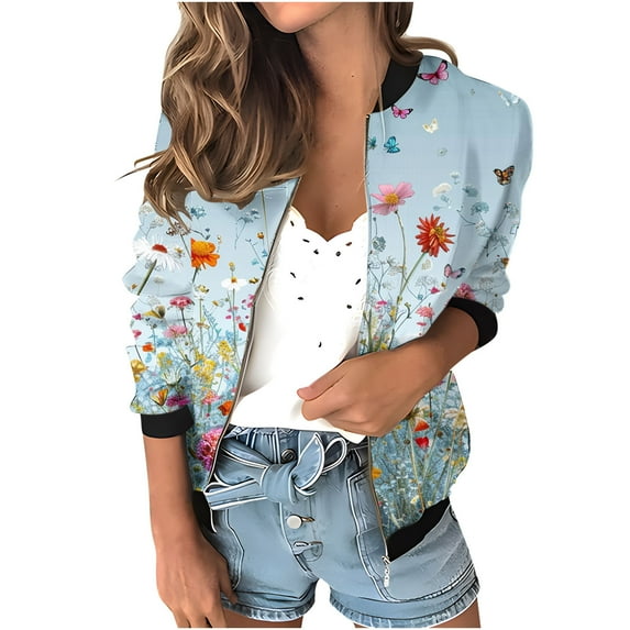 Womens Full Zip Bomber Jackets with Pockets Floral Print Long Sleeve Casual Fall Coat Outerwear Lightweight (2XL, Light Blue 01)