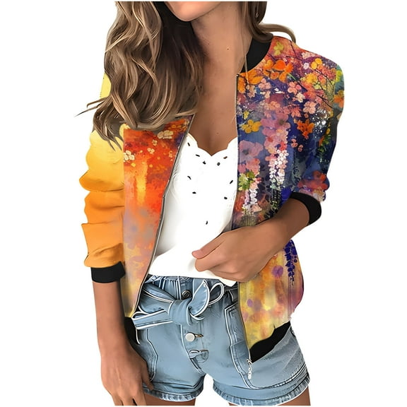 Womens Full Zip Bomber Jackets with Pockets Floral Print Long Sleeve Casual Fall Coat Outerwear Lightweight (2XL, Orange)