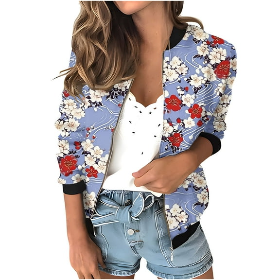 Womens Full Zip Bomber Jackets with Pockets Floral Print Long Sleeve Casual Fall Coat Outerwear Lightweight (2XL, Purple)