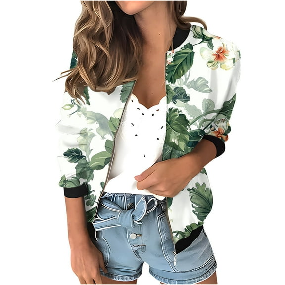 Womens Full Zip Bomber Jackets with Pockets Floral Print Long Sleeve Casual Fall Coat Outerwear Lightweight (L, White 01)