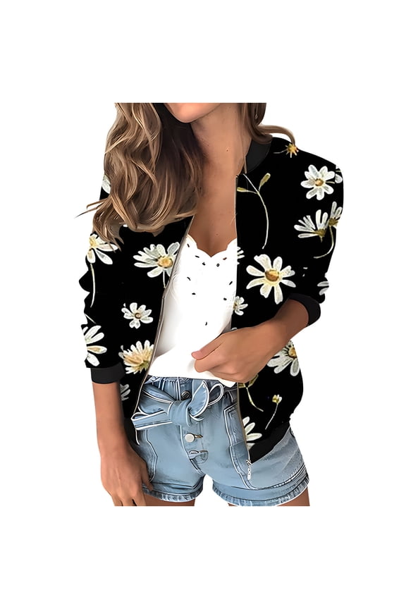 Womens Full Zip Bomber Jackets with Pockets Floral Print Long Sleeve Casual Fall Coat Outerwear Lightweight (M, Black 02)