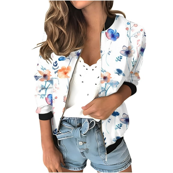 Womens Full Zip Bomber Jackets with Pockets Floral Print Long Sleeve Casual Fall Coat Outerwear Lightweight (XL, Orange 01)