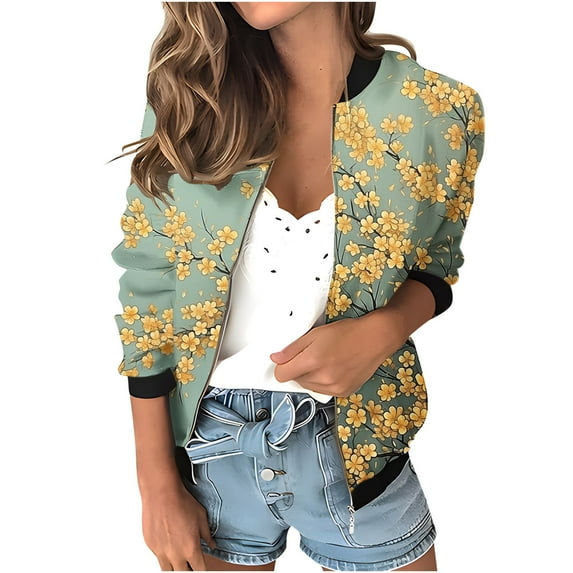Womens Full Zip Bomber Jackets with Pockets Floral Print Long Sleeve Casual Fall Coat Outerwear Lightweight (XL, Yellow)