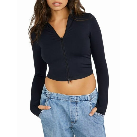 Womens Full Zip Cropped Workout Jacket Slim Fit - Athletic Yoga Tops with Thumb Holes Black L