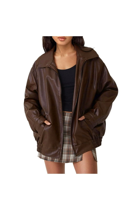 Womens Full Zip Faux Pu Leather Jacket Shacket Casual Loose Long Sleeve Motorcycle Moto Biker Blazer Coat with Pockets Brown,S