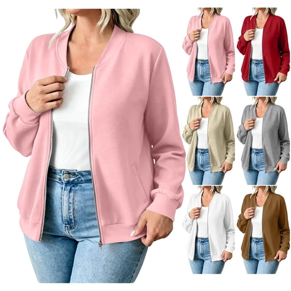 Womens Full Zip Fleece Jackets, Casual Lightweight Long Sleeve Sweatshirt Side Pocket Fall Winter Warm Long Sleeve Sweatshirts No Hood Pinks XL