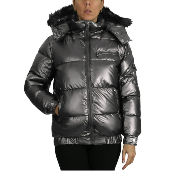 Womens Full Zip Heavyweight Bubble Jacket With Detachable Fur Hood (S-XL)