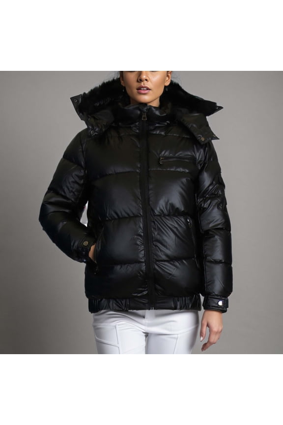 Womens Full Zip Heavyweight Bubble Jacket With Detachable Fur Hood (S-XL)