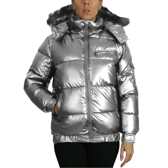 Womens Full Zip Heavyweight Bubble Jacket With Detachable Fur Hood (S-XL)