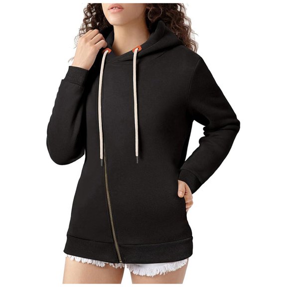 Womens Full Zip Hooded Sweatshirt Solid Color Long Sleeve Jacket Active Track Top Outerwear with Pockets Black