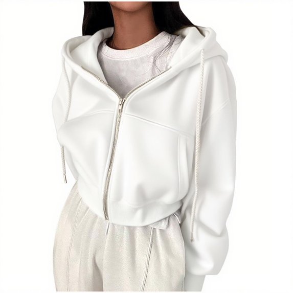Womens Full Zip Hoodie Cropped Sweatshirt Jacket Casual Comfy Gym Top for 2025 Fall Winter with Pocket White