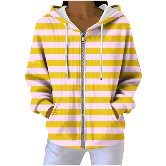 Womens Full Zip Hoodies Trendy Striped Oversized Drawstring Hood Jackets Casual Y2k Baggy Sweatshirt with Pockets (S, Yellow)