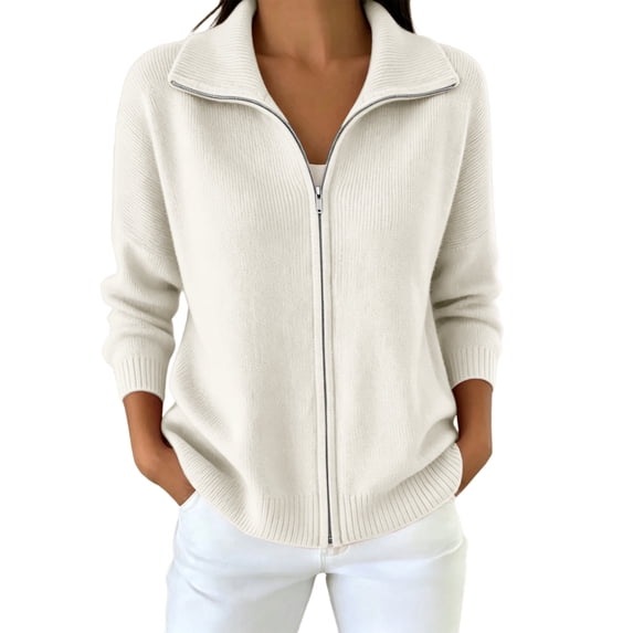 Womens Full Zip Knit Cardigan, Oversized Long Sleeve Ribbed Hem Knit Outerwear, Everyday Commute Sweater S