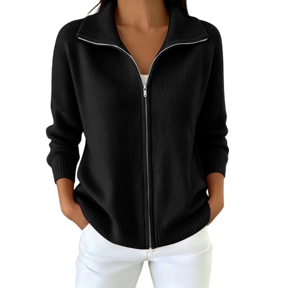 Womens Full Zip Knit Cardigan, Oversized Long Sleeve Ribbed Hem Knit Outerwear, Everyday Commute Sweater XL