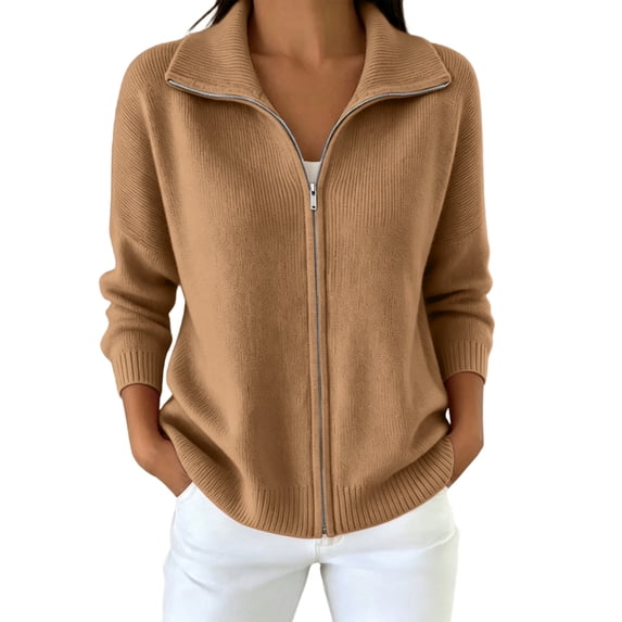 Womens Full Zip Knit Cardigan, Oversized Long Sleeve Ribbed Hem Knit Outerwear, Everyday Commute Sweater XL