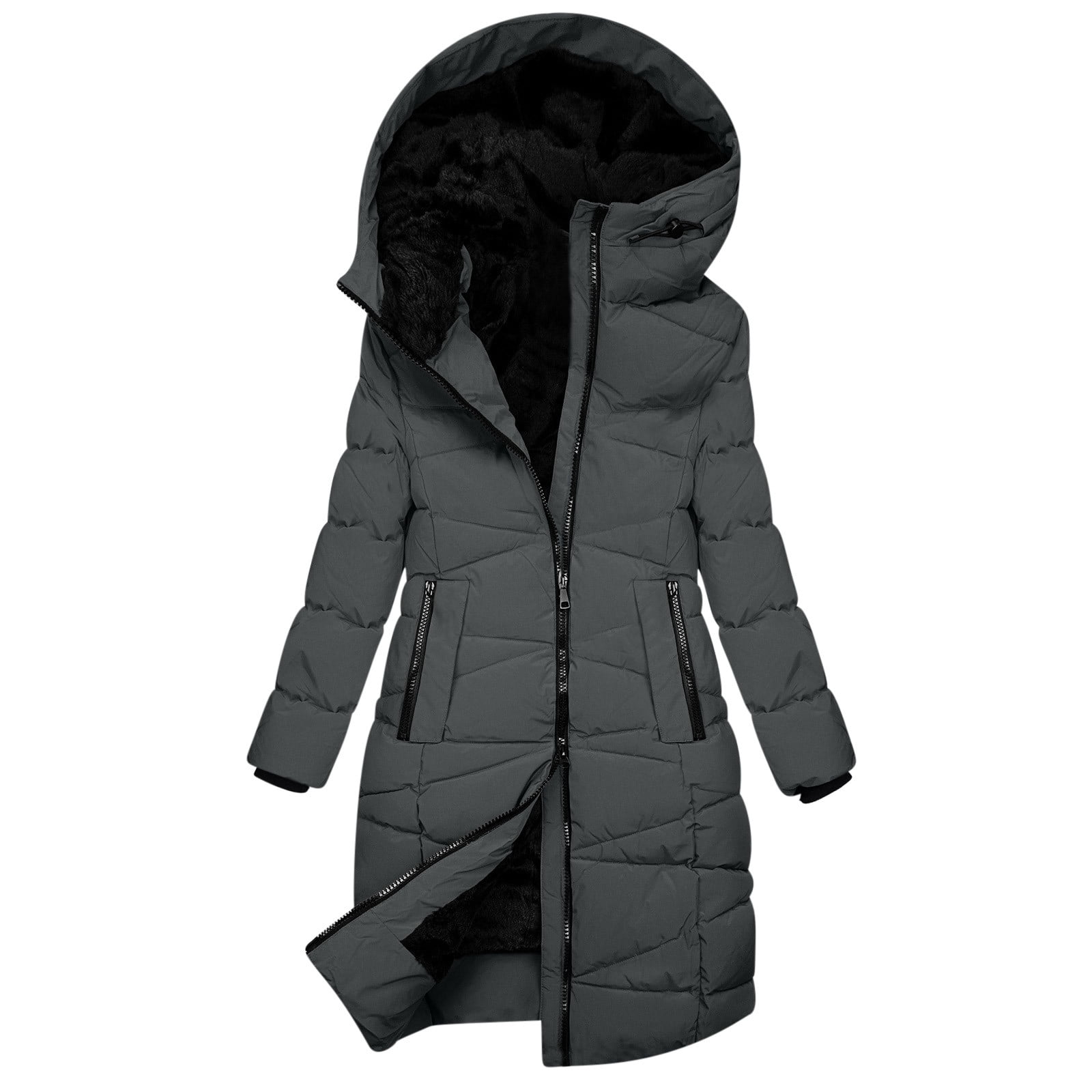é zipper quilting long down coat gray Womens Full Zip Quilted Long Jackets with Hood Thick Faux