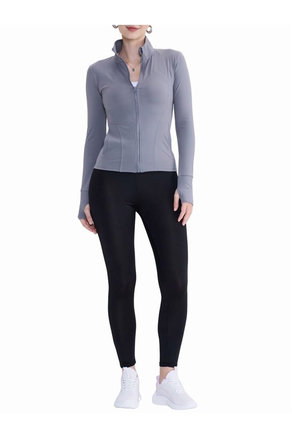 Womens Full Zip Running Track Jacket Workout Slim Fit Yoga with Thumb Holes Ash Gray L