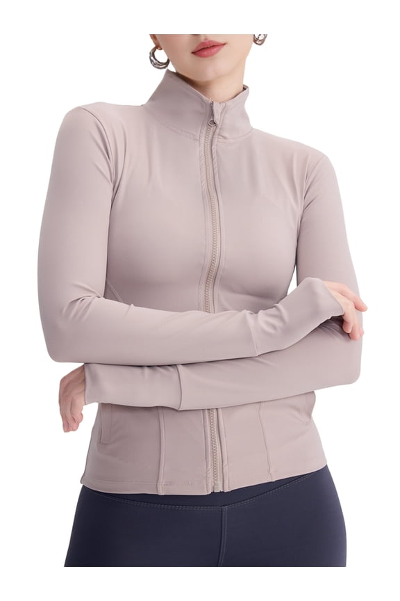 Womens Full Zip Running Track Jacket Workout Slim Fit Yoga with Thumb Holes Camel Color M