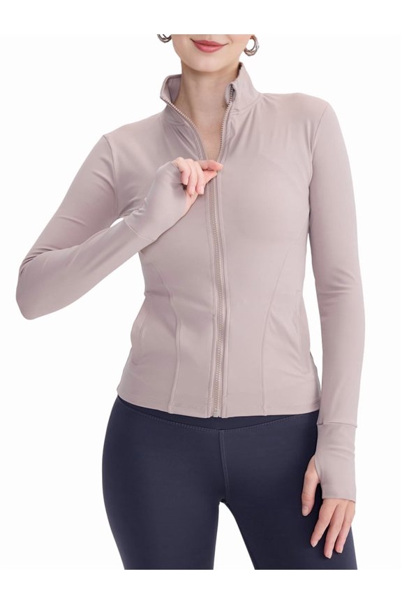Womens Full Zip Running Track Jacket Workout Slim Fit Yoga with Thumb Holes Camel Color S