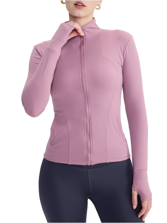 Womens Full Zip Running Track Jacket Workout Slim Fit Yoga with Thumb Holes Lilac L