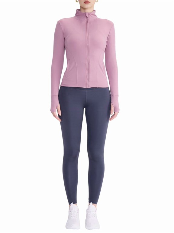 Womens Full Zip Running Track Jacket Workout Slim Fit Yoga with Thumb Holes Lilac S