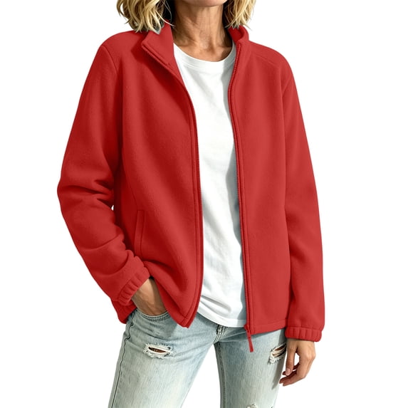 Womens Full Zip Stand Collar Fleece light jacket Long Sleeve Warm Casual Coat With Side Pockets for Fall Winter Hiking Athletic Wear
