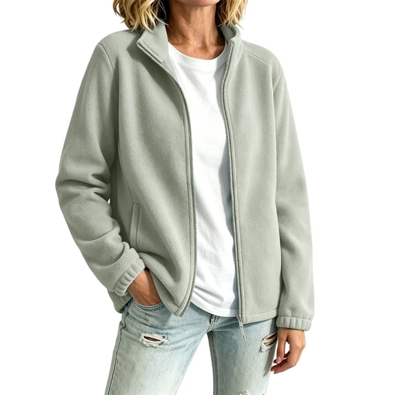 Womens Full Zip Stand Collar Fleece light jacket Long Sleeve Warm Casual Coat With Side Pockets for Fall Winter Hiking Athletic Wear