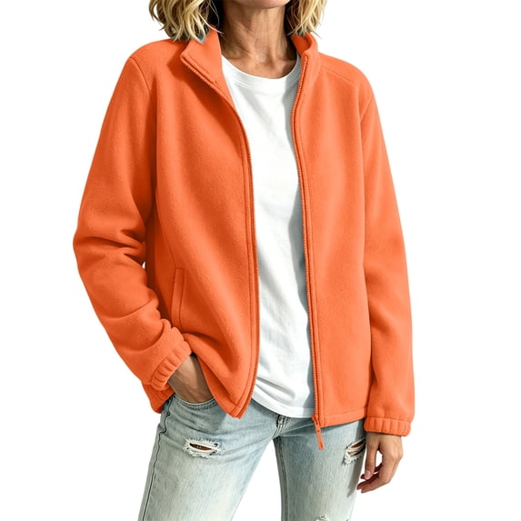 Womens Full Zip Stand Collar Fleece light jacket Long Sleeve Warm Casual Coat With Side Pockets for Fall Winter Hiking Athletic Wear