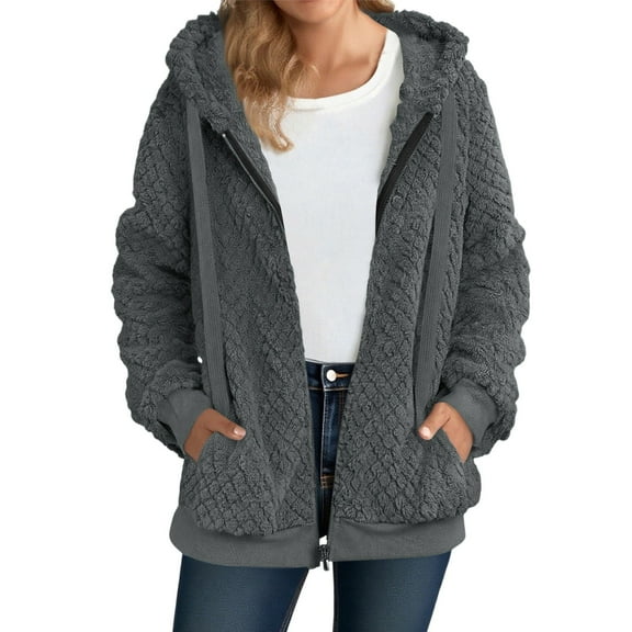 Womens Full Zip Up Fleece Jacket Hooded Oversized Jacquard Sherpa Hoodie Fuzzy Jackets Warm Teddy Coat Fall Winter Outerwear