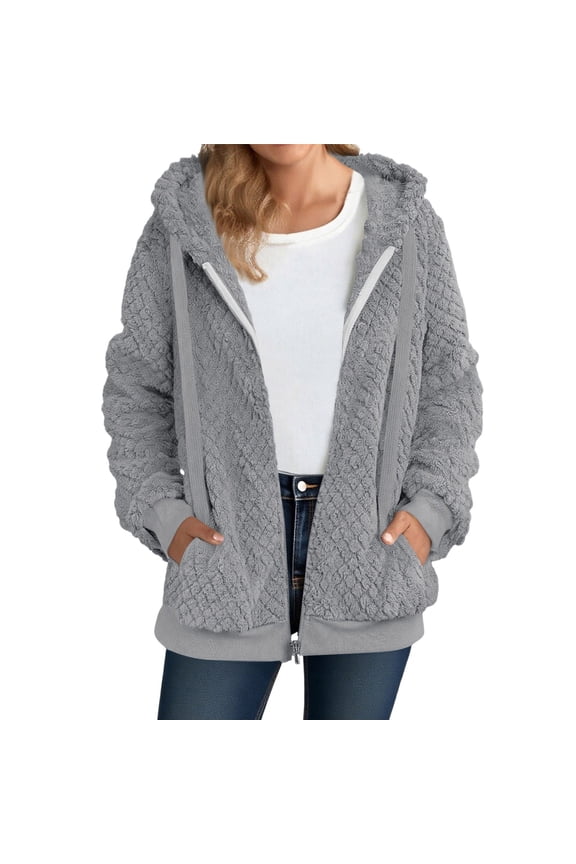Womens Full Zip Up Fleece Jacket Hooded Oversized Jacquard Sherpa Hoodie Fuzzy Jackets Warm Teddy Coat Fall Winter Outerwear