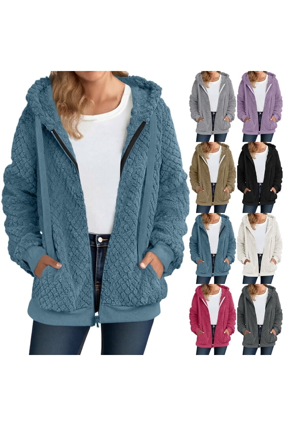Womens Full Zip Up Fleece Jacket Hooded Oversized Jacquard Sherpa Hoodie Fuzzy Jackets Warm Teddy Coat Fall Winter Outerwear
