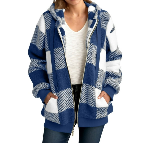 Womens Full Zip Up Fleece Jacket Hooded Oversized Plaid Sherpa Hoodie Fuzzy Jackets Fall Winter Warm Teddy Coat Outerwear