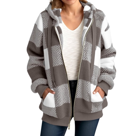 Womens Full Zip Up Fleece Jacket Hooded Oversized Plaid Sherpa Hoodie Fuzzy Jackets Fall Winter Warm Teddy Coat Outerwear