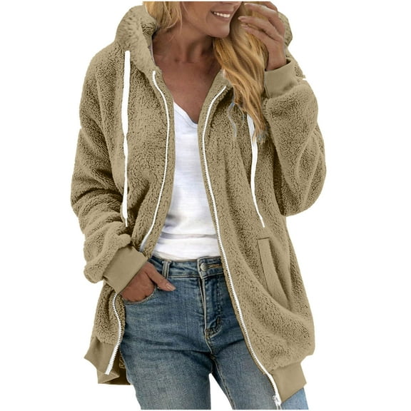Womens Full Zip Up Fleece Jacket with Hood Oversized Long Sherpa Hoodie Fuzzy Jackets Warm Teddy Coat Fall Winter Outerwear