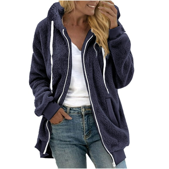 Womens Full Zip Up Fleece Jacket with Hood Oversized Long Sherpa Hoodie Fuzzy Jackets Warm Teddy Coat Fall Winter Outerwear