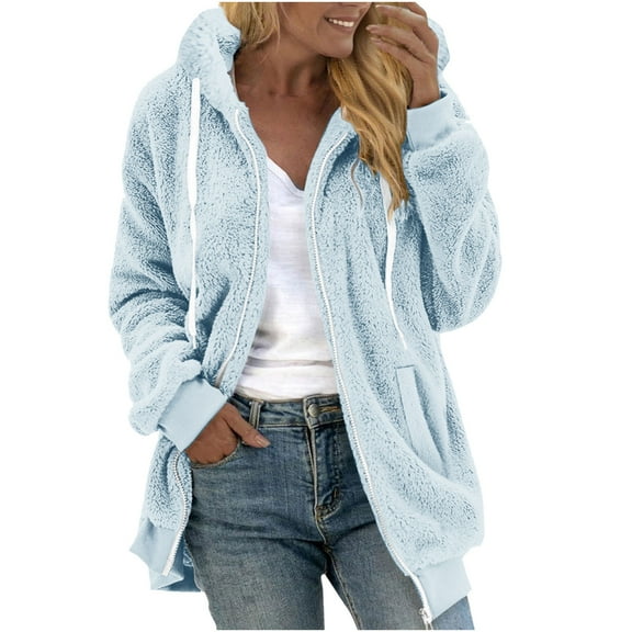 Womens Full Zip Up Fleece Jacket with Hood Oversized Long Sherpa Hoodie Fuzzy Jackets Warm Teddy Coat Fall Winter Outerwear