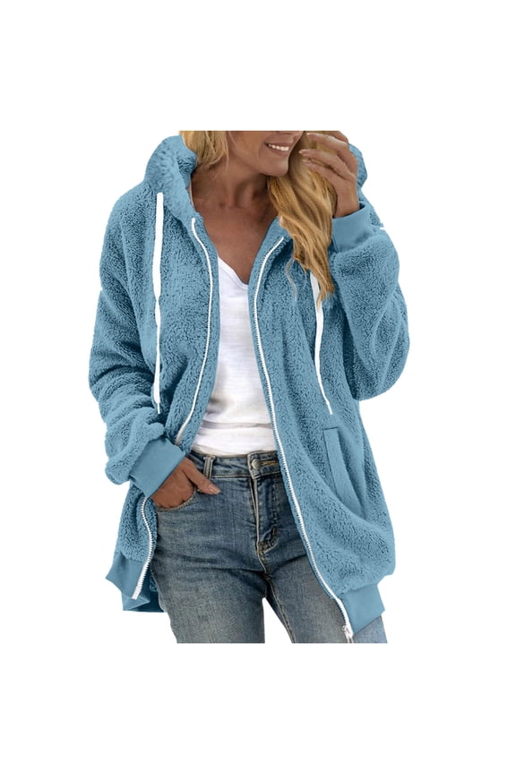 Womens Full Zip Up Fleece Jacket with Hood Oversized Long Sherpa Hoodie Fuzzy Jackets Warm Teddy Coat Fall Winter Outerwear