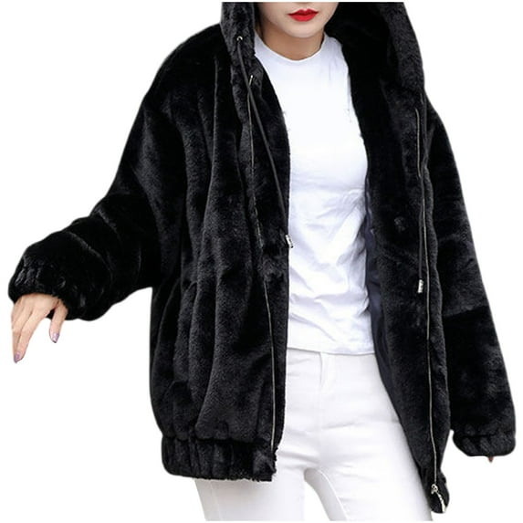 Womens Full Zip Up Hoodies Oversized Faux-Fur Hooded Coats Winter Warm Fluffy Fuzzy Fleece Jacket with Hood (Black XL)