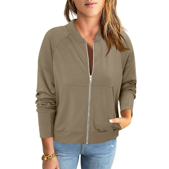 Womens Full Zip Up Jacket Hoodless Sport Coat with Pockets Long Sleeve Spring Fall Casual Sweatshirt Outerwear (2XL, Beige)