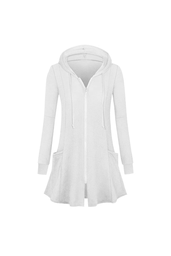 Womens Full Zip Up Long Hoodie Jacket with Pockets Classic Fit Lightweight Tunic Sweatshirt Open Front Cardigan (2XL, White)