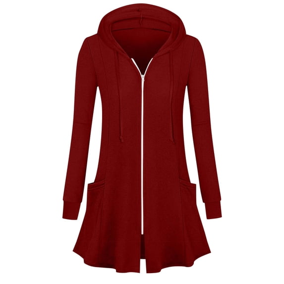 Womens Full Zip Up Long Hoodie Jacket with Pockets Classic Fit Lightweight Tunic Sweatshirt Open Front Cardigan (L, Wine)