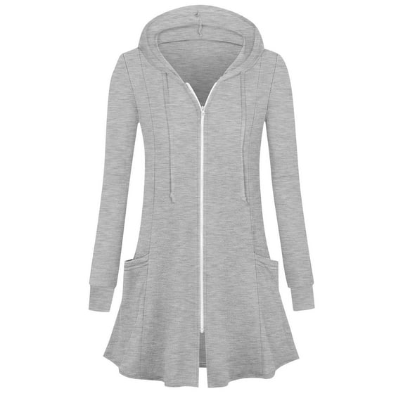 Womens Full Zip Up Long Hoodie Jacket with Pockets Classic Fit Lightweight Tunic Sweatshirt Open Front Cardigan (M, Gray)