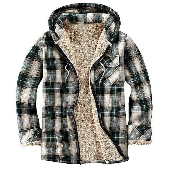 Womens Full Zip Up Plaid Hoodie Jacket with Sherpa Fleece Lined Thick Drawstring Chest Pocket Winter Tunic Coat (XL, Green)