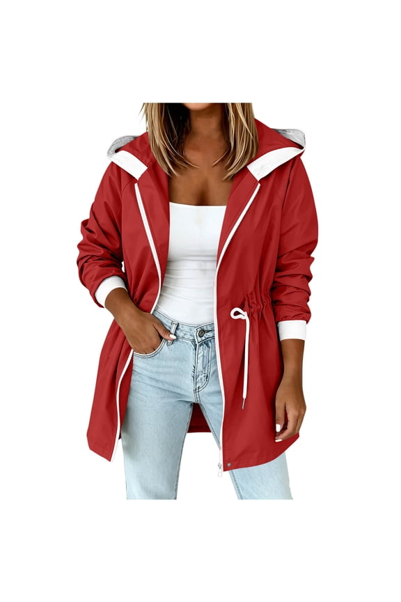 Womens Full Zip Windbreaker, Drawstring Tie Waist Rainproof Jackets Lightweight Casual Loose Long Sleeve Zippered Hooded Jackets with Pockets Red Xxl