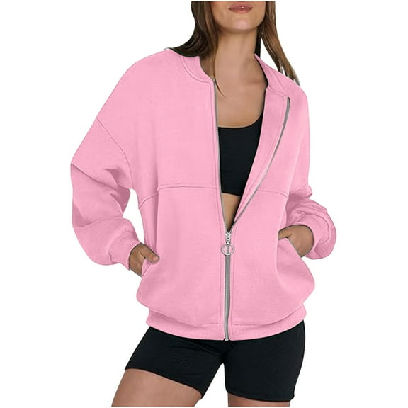 Womens Full Zip up Sweatshirt Oversized Lightweight Jackets Teen Girls Fall Casual Loose Clothes with Pocket New Jackets for Women Winter Pinky XL