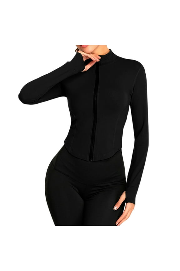 Womens Full Zipper Light Sportswear With Thumb Opening Walking Coat Cutting Training And Yoga Coat Black XL