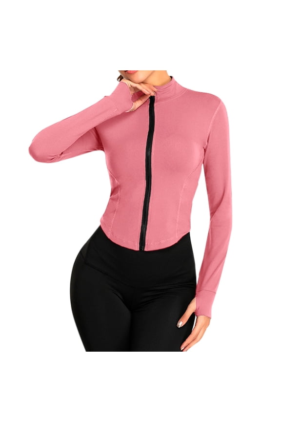 Womens Full Zipper Light Sportswear With Thumb Opening Walking Coat Cutting Training And Yoga Coat Pink L