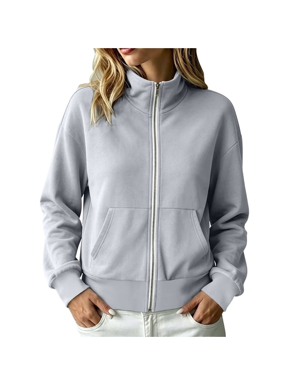 Womens Full Zipper Sweatshirts Stand Collar Long Sleeve Jackets with Pockets Cropped Zipper Turtleneck Cardigans Outwears Solid Casual Fall Winter Clothings