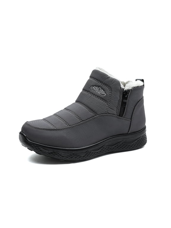 Womens Fully Fleece Lined Winter Ankle Snow Boots Inner Side Zipper Embroidery Round Toe Non Slip Lightweight Waterproof Short Booties Gray 41